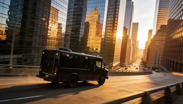 Armored truck descending downtown ramp at sunset between reflective glass skyscrapers