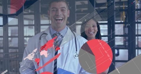 Smiling doctor holding blue folder and stethoscope presenting healthcare data with world map overlay