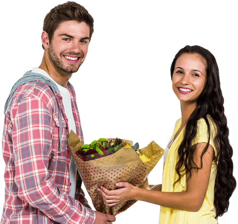 Man offering bouquet to laughing woman on transparent background