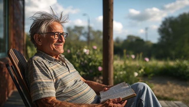 Senior man relaxing on sunlit porch reading book peaceful garden retirement moment