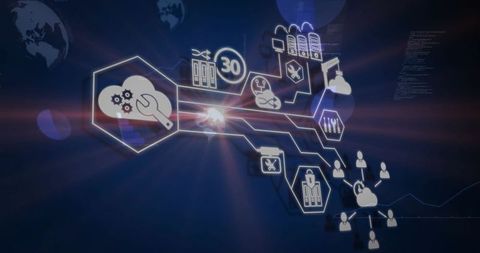 Connecting cloud infrastructure and users, securing access with padlock and wrench icons