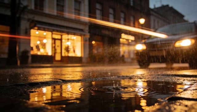 Night rain reflecting puddle with ripples and warm storefront lights on wet city street