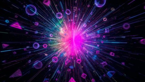 Radiating Magenta Core with Cyan Streaks and Floating Geometric Shapes Neon Burst