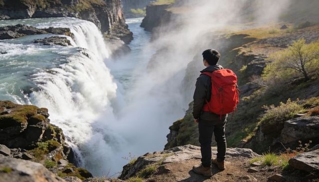 Hiker with red backpack standing on rocky rim overlooking waterfall and misty gorge