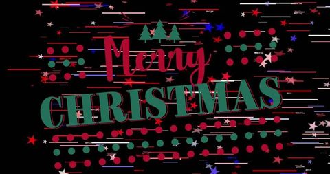 Merry christmas bold festive typography with pine icons, stars, dots and motion streaks on black