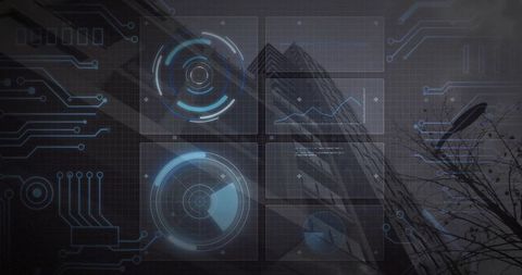 Futuristic hud interface overlaying urban skyline showing radar gauges and circuit traces
