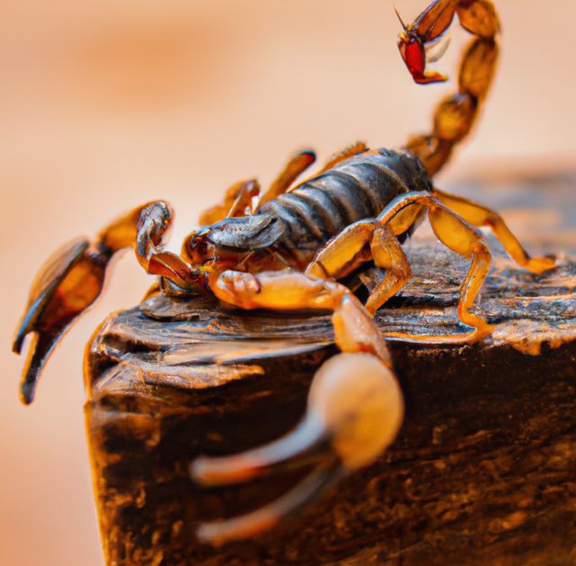 Image of close up of black scorpion on stone on brown background. Dangerous animals, wildlife and nature concept.