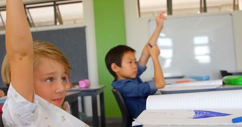 Diverse School Boys Raising Hands in Classroom - Download Free Stock Images Pikwizard.com