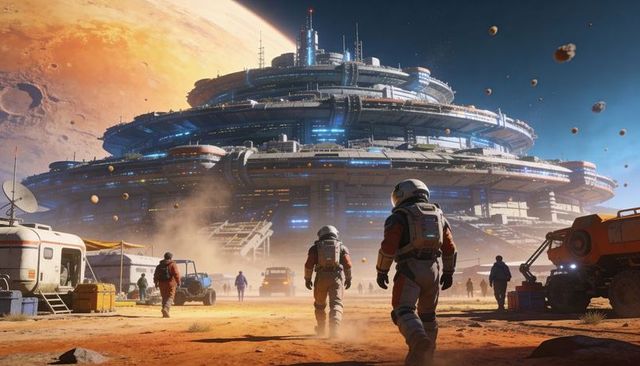Astronauts approaching circular tiered mars orbital city hub with rovers on dusty red plain