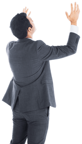 Confident businessman celebrating success with hands raised on transparent background