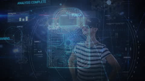 Girl in VR Headset Surrounded by Futuristic Technology and Data