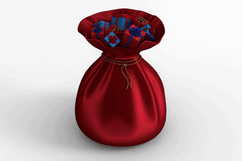Transparent red santa sack overflowing with colorful gifts