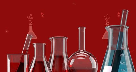 Chemistry Lab Equipment with Red Background and Pictograms