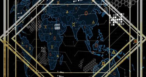 Futuristic digital world map with glowing nodes and patterns