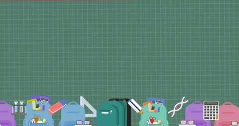 School Supplies with Backpack Design on Green Background