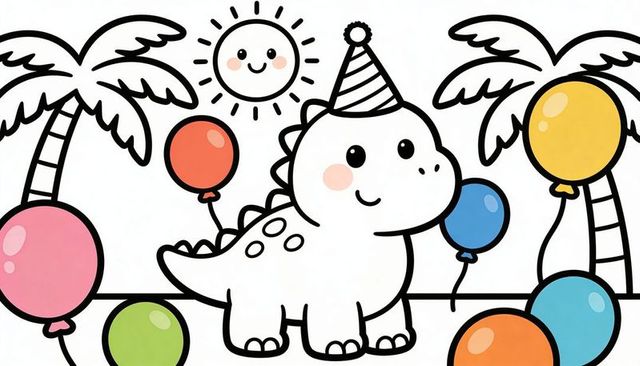 Cute dinosaur wearing party hat celebrating tropical balloon birthday party for kids