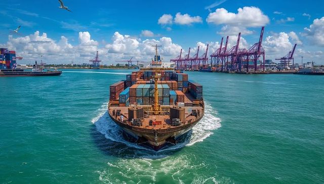 Container ship navigating port channel cutting teal water with stacked cargo and crane skyline