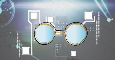 Futuristic Glasses Floating in Digital Interface with Circuit Design