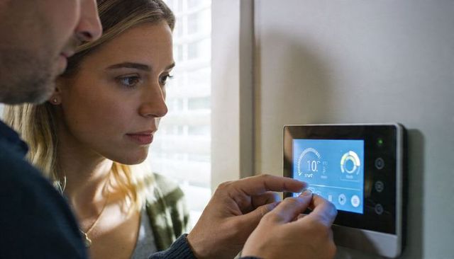 Couple adjusting smart thermostat together at home controlling climate with touchscreen