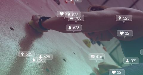 Caucasian Woman Rock Climbing With Social Media Icons Overlay