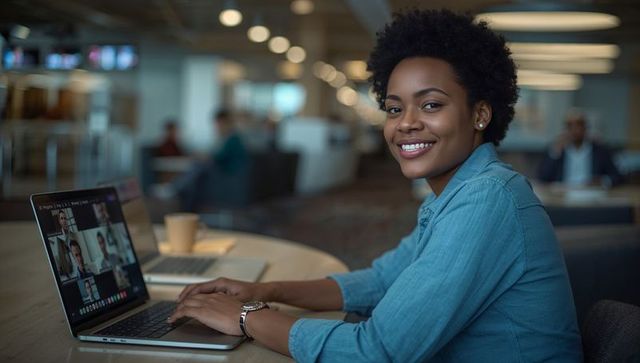 Smiling woman working on laptop during airport lounge video call with coffee