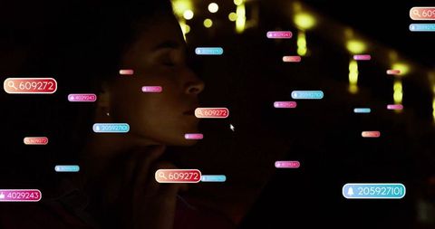 Digital Relaxation: Woman Reclining Amidst Floating UI Icons