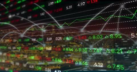 Dynamic Financial Data Over Urban Night Skyline