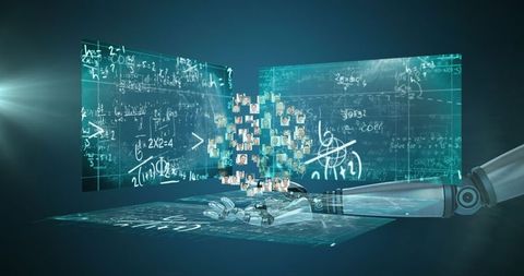 Robotic arm with business icons and digital equations