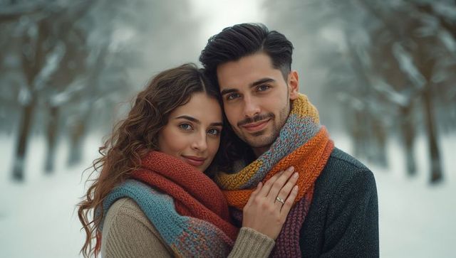 Elegant Couple Embracing Winter in Knit Scarves on Snowy Path