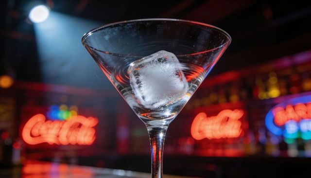 Martini glass holding single ice cube amid neon coca-cola glow on moody bar background