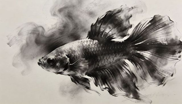 Drifting betta fish in smoky ink wash, flowing fins, monochrome brushwork art