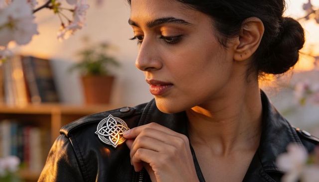 Indian woman gazing at celtic knot brooch on leather jacket at sunset balcony closeup