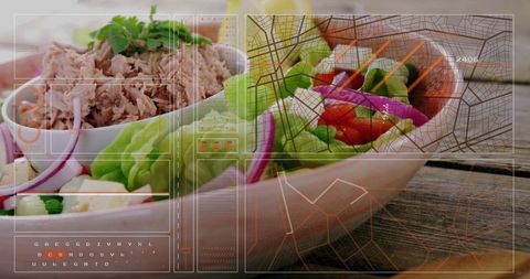 Digital overlay on gourmet tuna and veggie salad for fresh culinary art