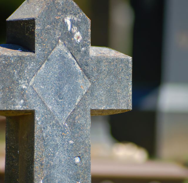 Close up of gray tombstone on cemetery and cross on sunny day. Memorial, faith and cemetery concept.