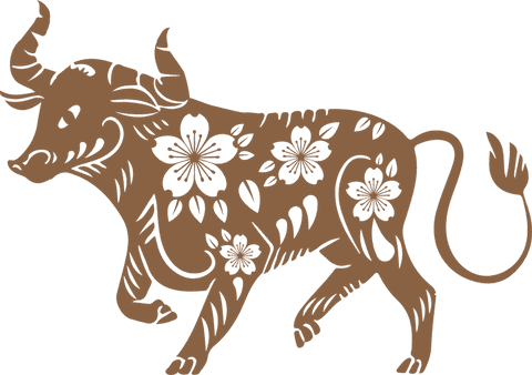Stylized bull with floral motifs on transparent background