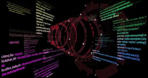 Futuristic Digital Interface with Rotating Code Structures
