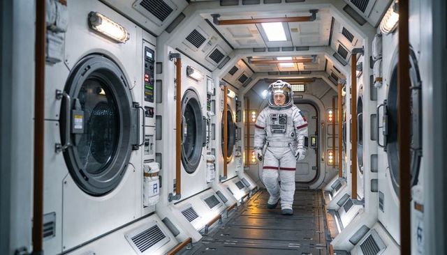 Astronaut walking down space station corridor in white eva suit with red trim