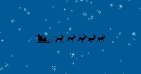 Santa Claus Sleigh with Reindeer Silhouette on Snowy Blue Background
