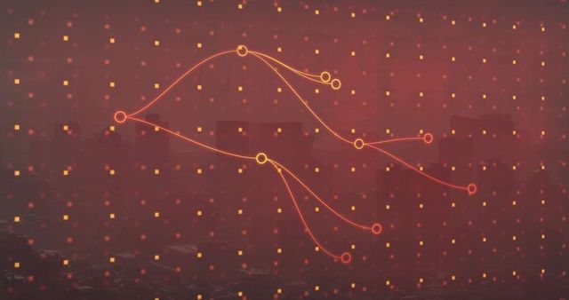 Futuristic red-tinted skyline under digital grid and network