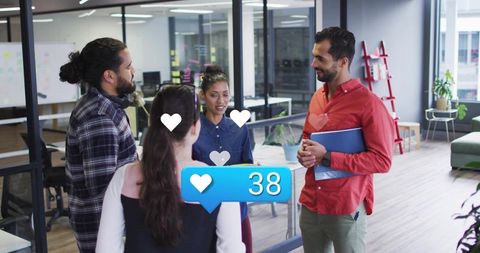 Startup team brainstorming and collaborating in modern glass office with social likes overlay