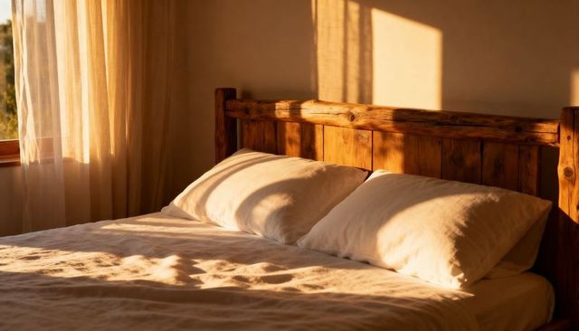 Sunlit rustic wooden bed framed by sheer curtains and white pillows during golden hour
