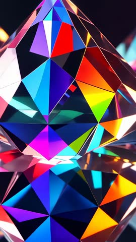 Faceted Crystal Pyramid Rotating Over Glossy Surface Reflecting Neon Prism Colors