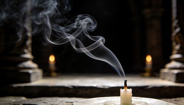 Extinguished candle curling smoke rising over stone altar in dim chapel