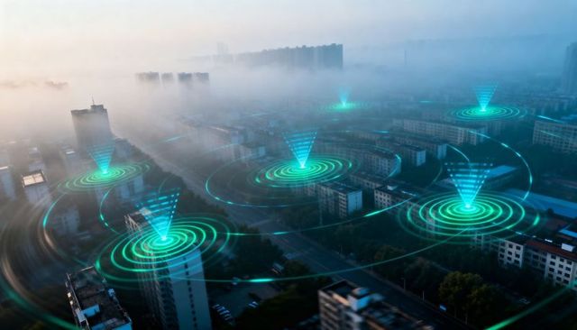 Foggy urban aerial connecting glowing teal network nodes over smart city rooftops at dawn