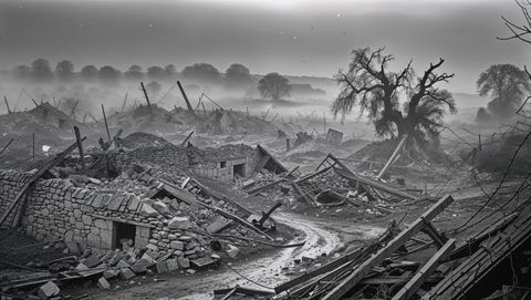 Eerie ruins in misty first world war devastated farmland landscape