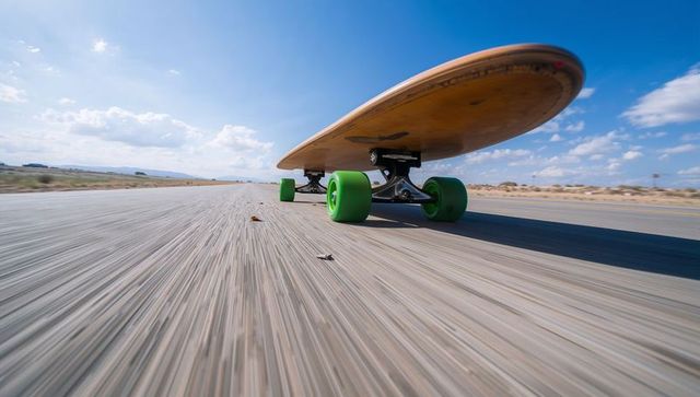 Low-angle rolling longboard with green wheels on desert road conveying speed and freedom