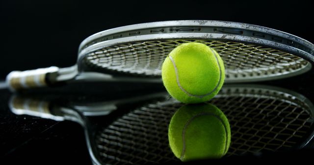 Close-up scene of tennis racket and bright yellow tennis ball reflecting on shiny black surface. Ideal for sports equipment advertisements, tennis promotions, athletic inspirations, fitness campaigns.