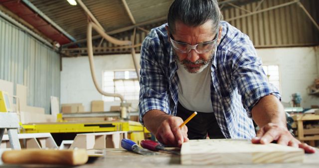 Skilled Carpenter Measuring Wood in Workshop - Download Free Stock Images Pikwizard.com