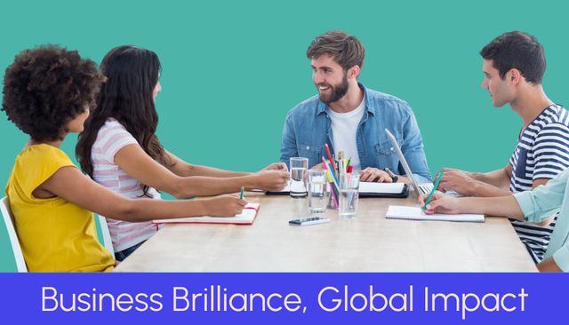 Group of diverse businesspeople working together in modern office. Ideal for presentations, articles on business strategy and innovation, highlighting teamwork and collaboration in a corporate environment.