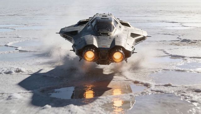 Futuristic twin-thruster hovercraft hovering above cracked salt flat with engine glow